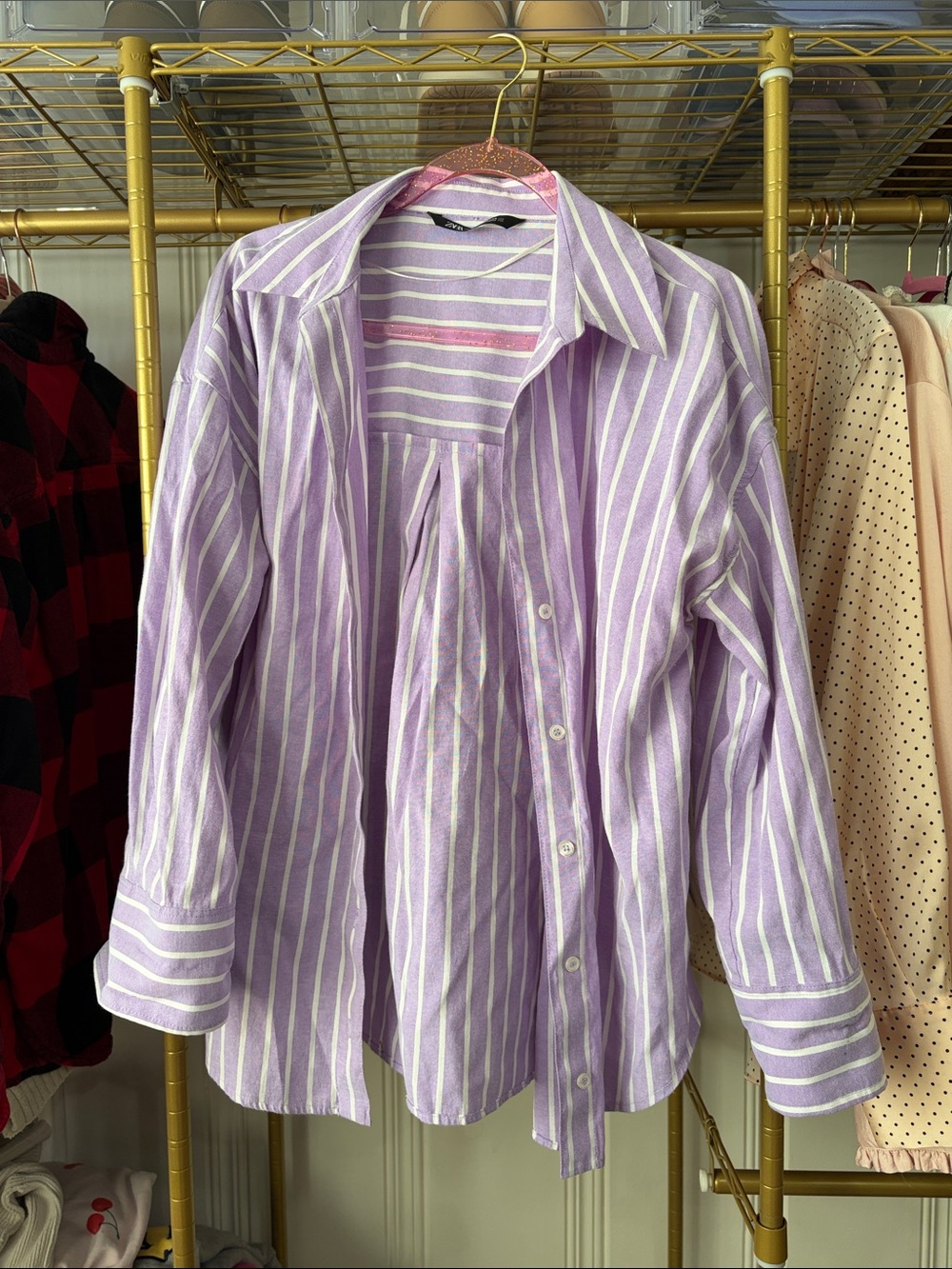 Zara Lavender and White Striped Button-Down Shirt